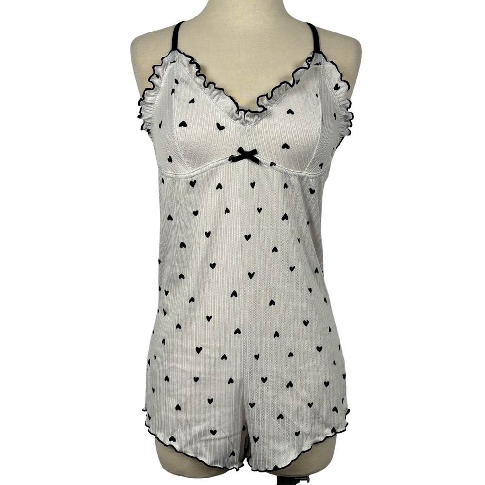 White Heart Print Ribbed Romper‎ Black Ruffle Trim Sleepwear Loungewear Small